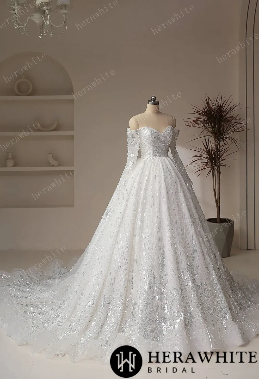 Luxury Beaded Shiny Lace Court Train Princess Wedding Gown
