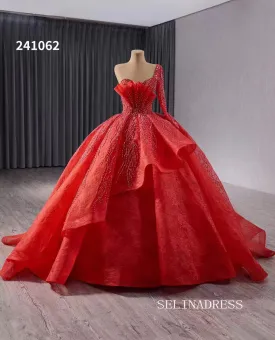 luxury One Shoulder Lace Beaded Wedding Dresses Red Long Sleeve Formal Gown 241062