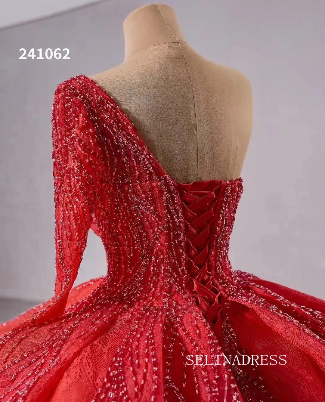 luxury One Shoulder Lace Beaded Wedding Dresses Red Long Sleeve Formal Gown 241062