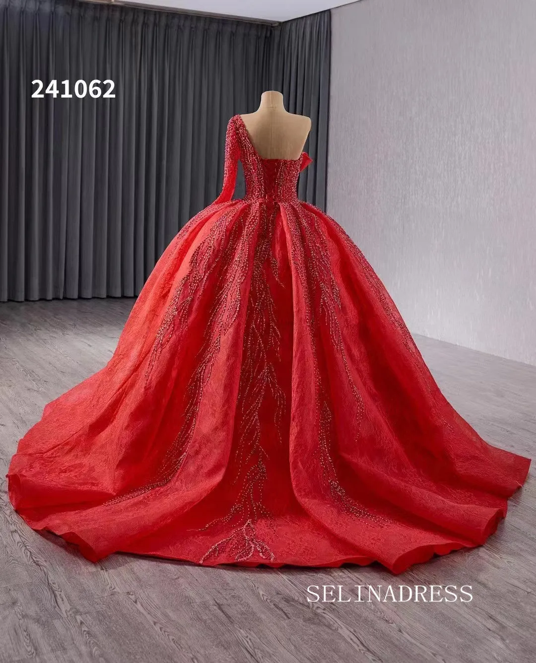 luxury One Shoulder Lace Beaded Wedding Dresses Red Long Sleeve Formal Gown 241062