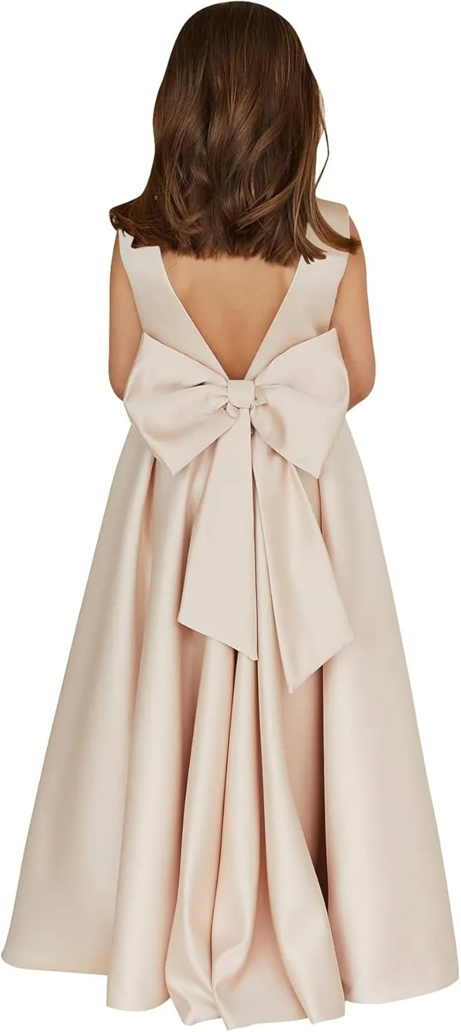 MCieloLuna Flower Girl Dresses for Wedding Bow-Knot Elegant Satin Princess First Communion Dresses