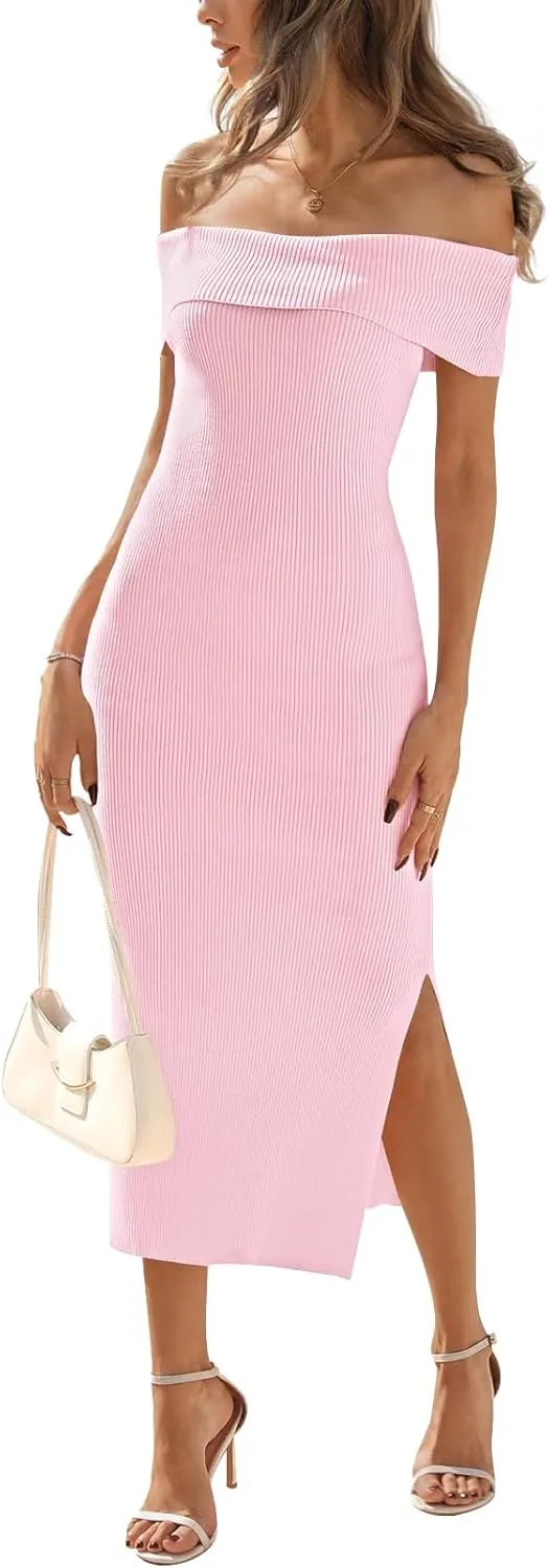 MEROKEETY Women's 2025 Off Shoulder Bodycon Midi Dress Summer Spring Formal Elegant Knit Sweater Dresses