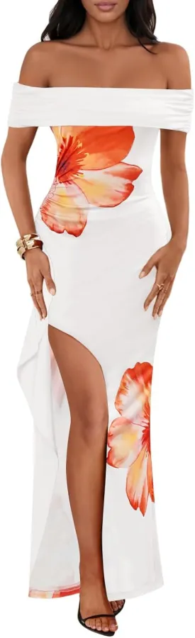 MEROKEETY Women's Floral Off Shoulder Maxi Dresses 2025 Sexy High Split Cocktail Wedding Guest Dress