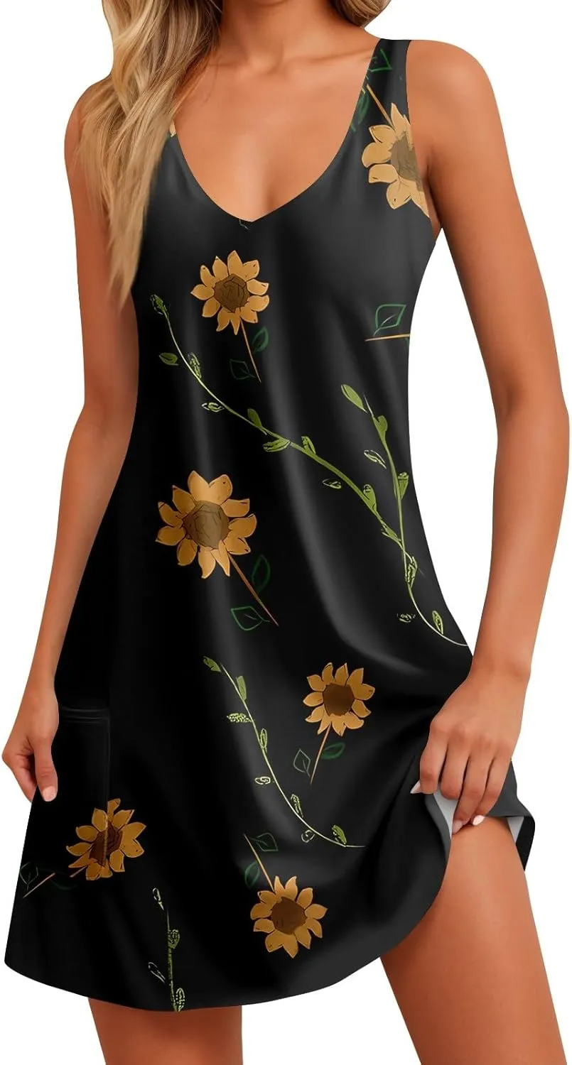 Mini Dresses for Women V Neck Floral Print Mini Dresses Sleeveless Tank Dresses Casual Sundresses Beach Cover Ups