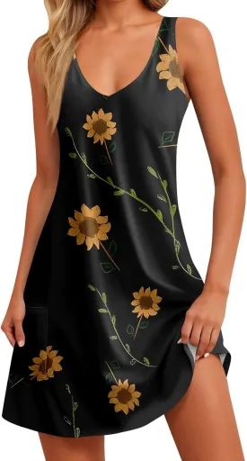 Mini Dresses for Women V Neck Floral Print Mini Dresses Sleeveless Tank Dresses Casual Sundresses Beach Cover Ups