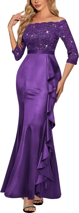 MISSMAY Women's Sexy Off Shoulder Floral Lace Formal Wedding Party Maxi Dress