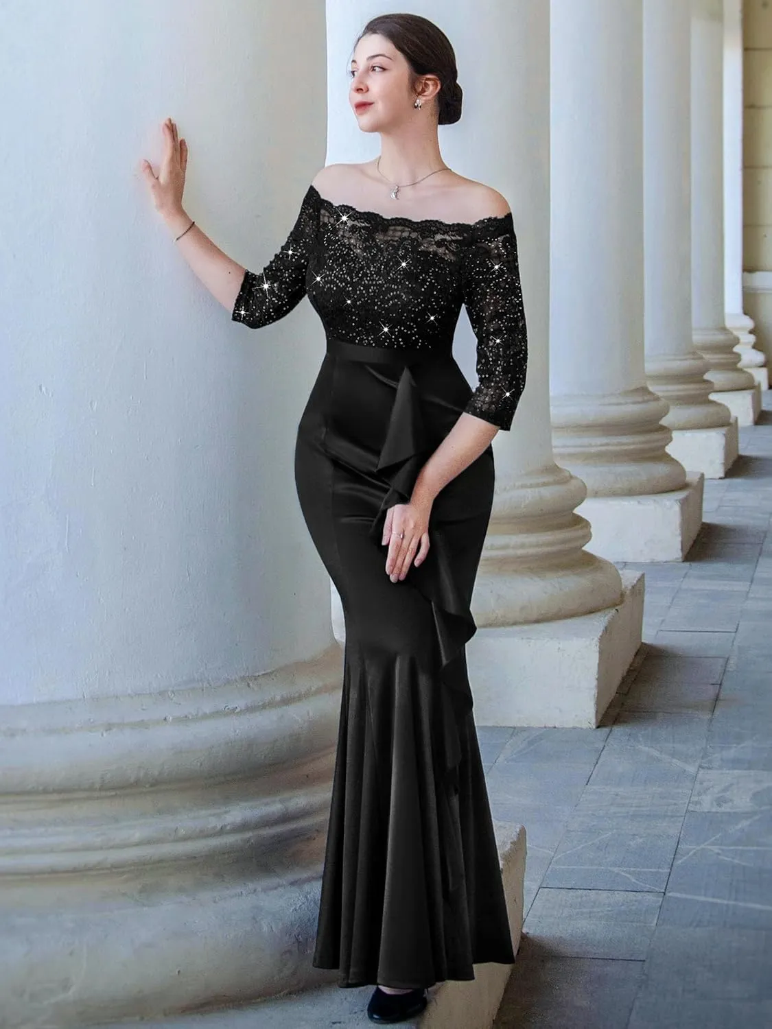 MISSMAY Women's Sexy Off Shoulder Floral Lace Formal Wedding Party Maxi Dress