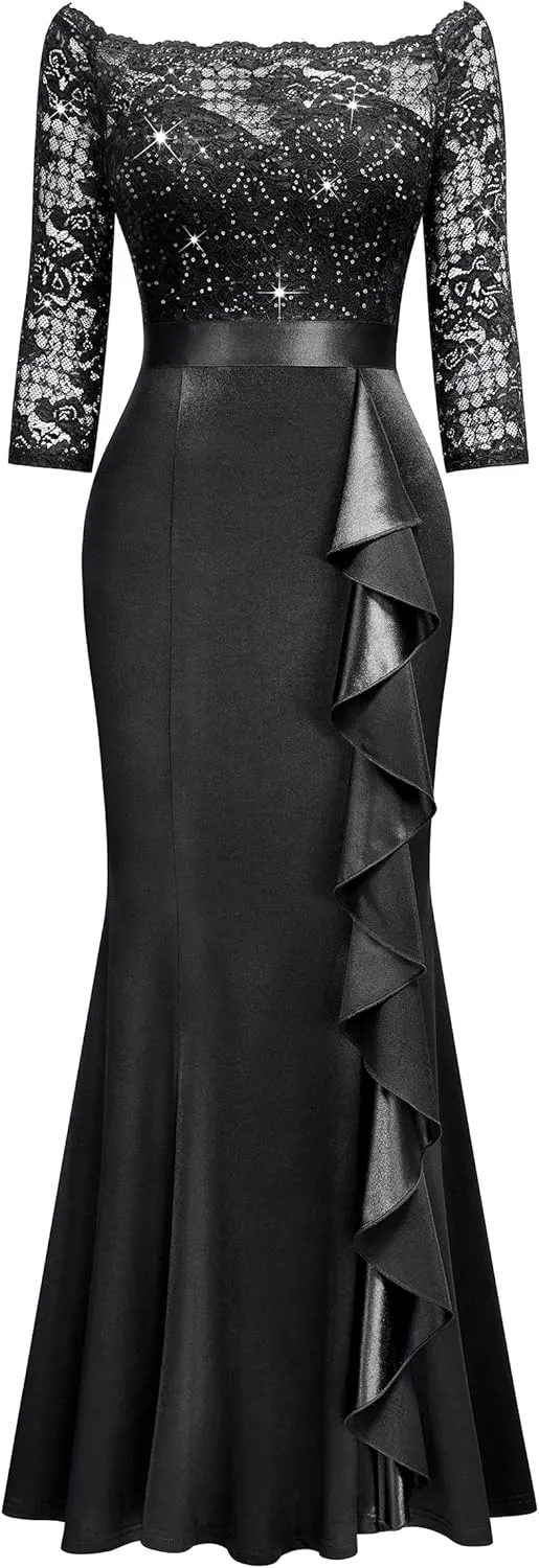 MISSMAY Women's Sexy Off Shoulder Floral Lace Formal Wedding Party Maxi Dress