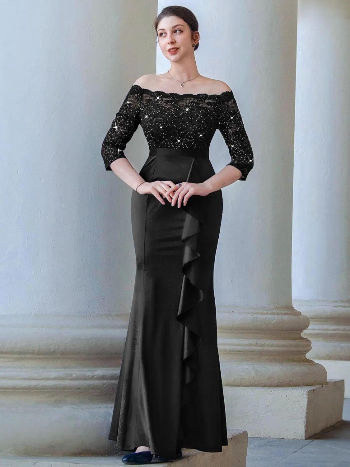 MISSMAY Women's Sexy Off Shoulder Floral Lace Formal Wedding Party Maxi Dress
