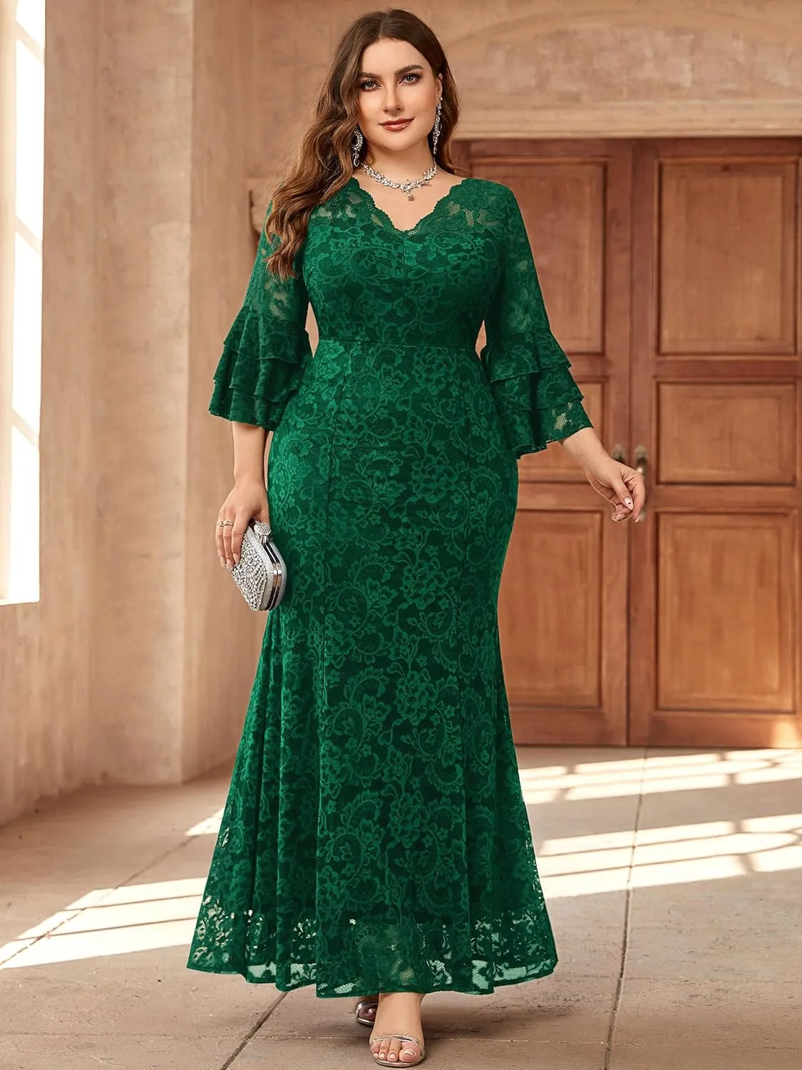 Miusol Women's Plus Size Floral Lace Ruffle Bell Sleeve V Neck Mermaid Hem Formal Maxi Dress