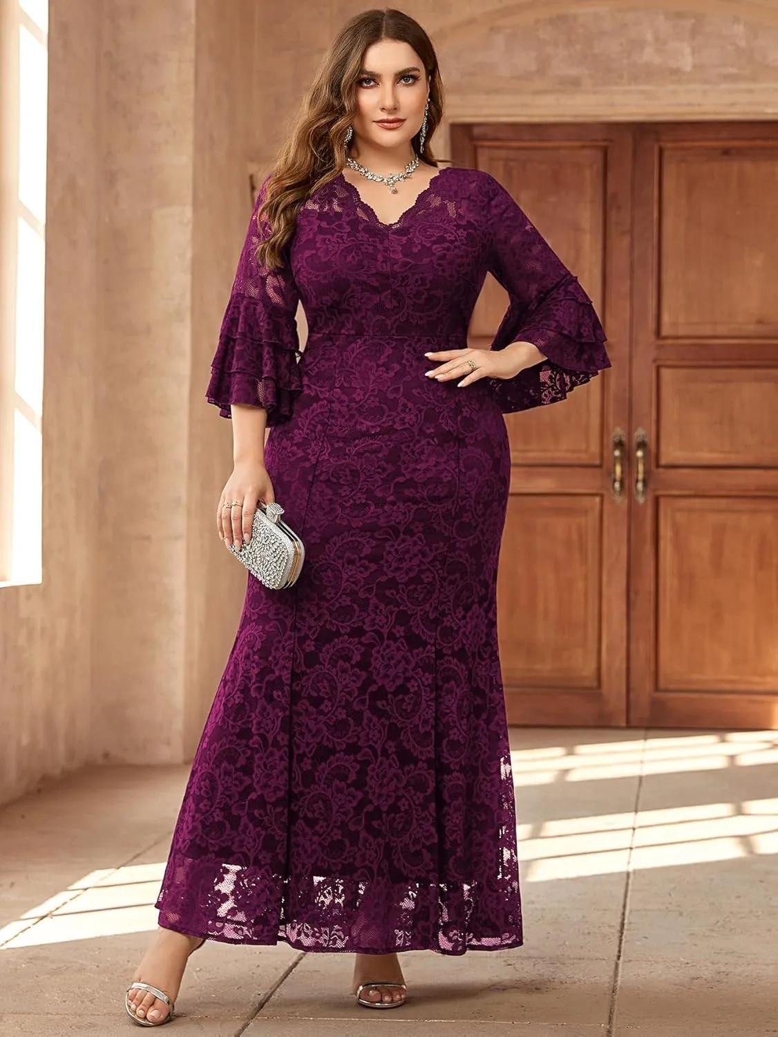 Miusol Women's Plus Size Floral Lace Ruffle Bell Sleeve V Neck Mermaid Hem Formal Maxi Dress