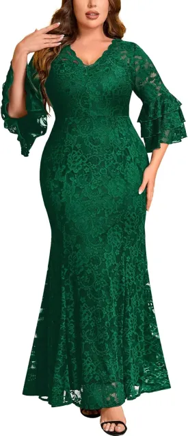 Miusol Women's Plus Size Floral Lace Ruffle Bell Sleeve V Neck Mermaid Hem Formal Maxi Dress