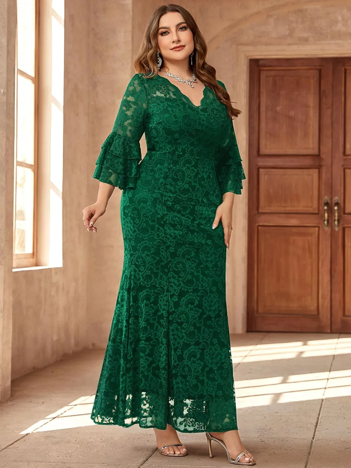 Miusol Women's Plus Size Floral Lace Ruffle Bell Sleeve V Neck Mermaid Hem Formal Maxi Dress
