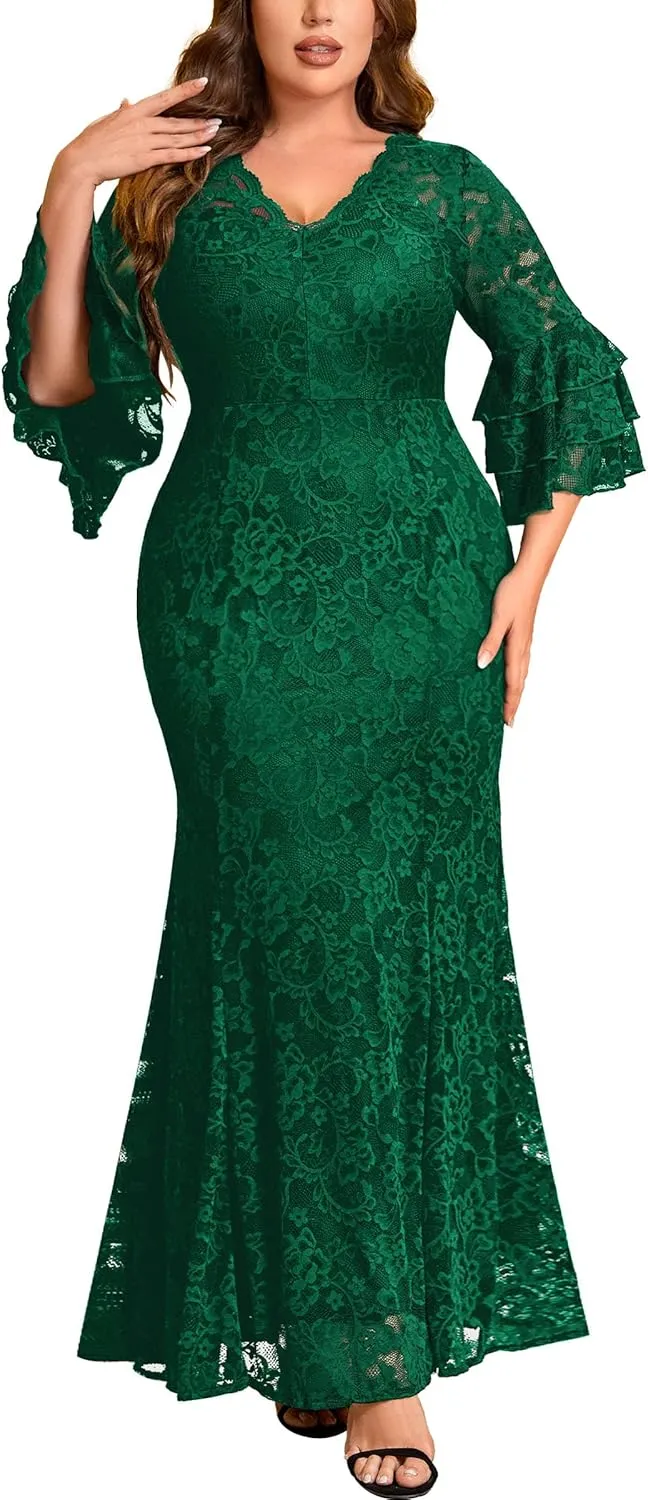 Miusol Women's Plus Size Floral Lace Ruffle Bell Sleeve V Neck Mermaid Hem Formal Maxi Dress