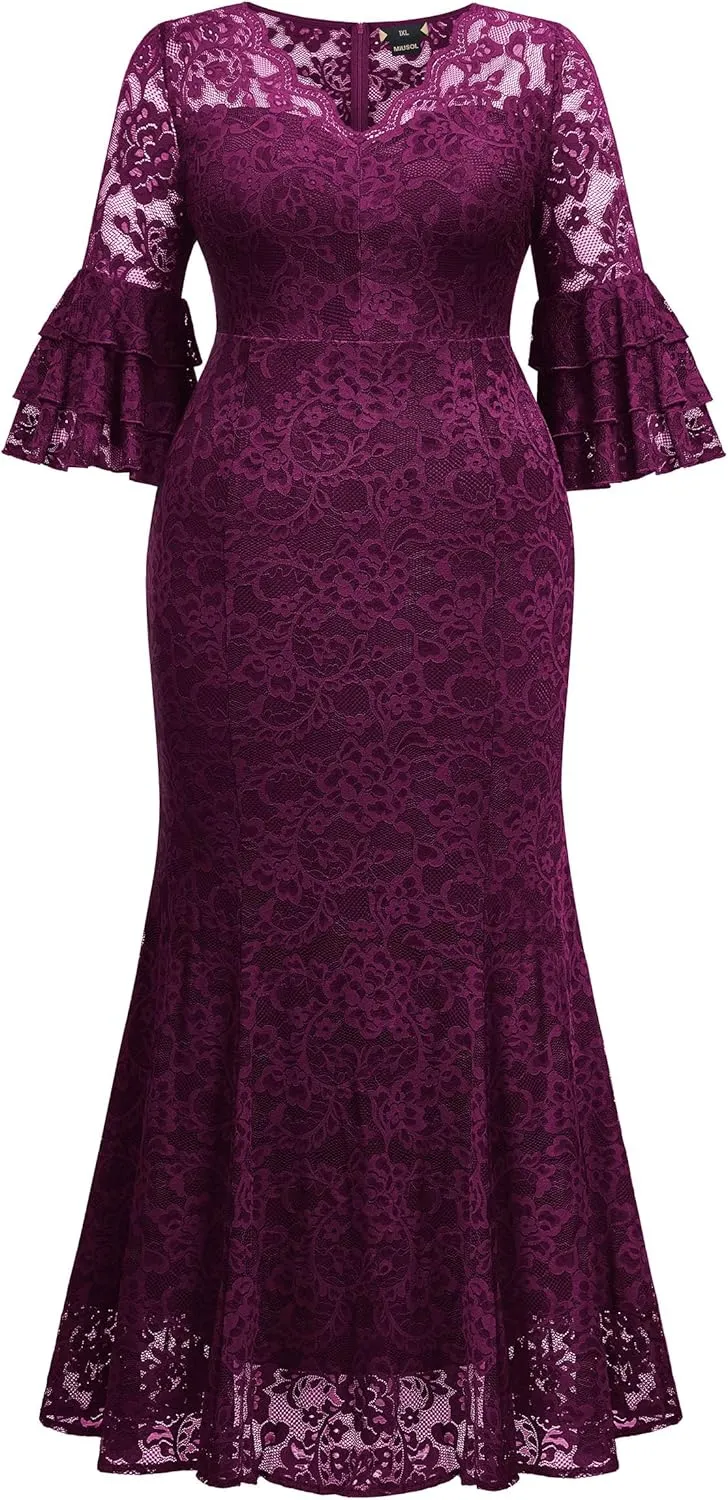 Miusol Women's Plus Size Floral Lace Ruffle Bell Sleeve V Neck Mermaid Hem Formal Maxi Dress