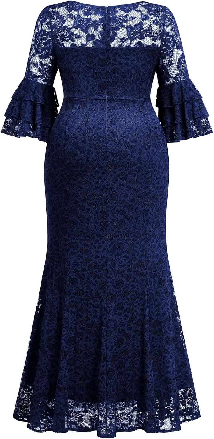 Miusol Women's Plus Size Floral Lace Ruffle Bell Sleeve V Neck Mermaid Hem Formal Maxi Dress