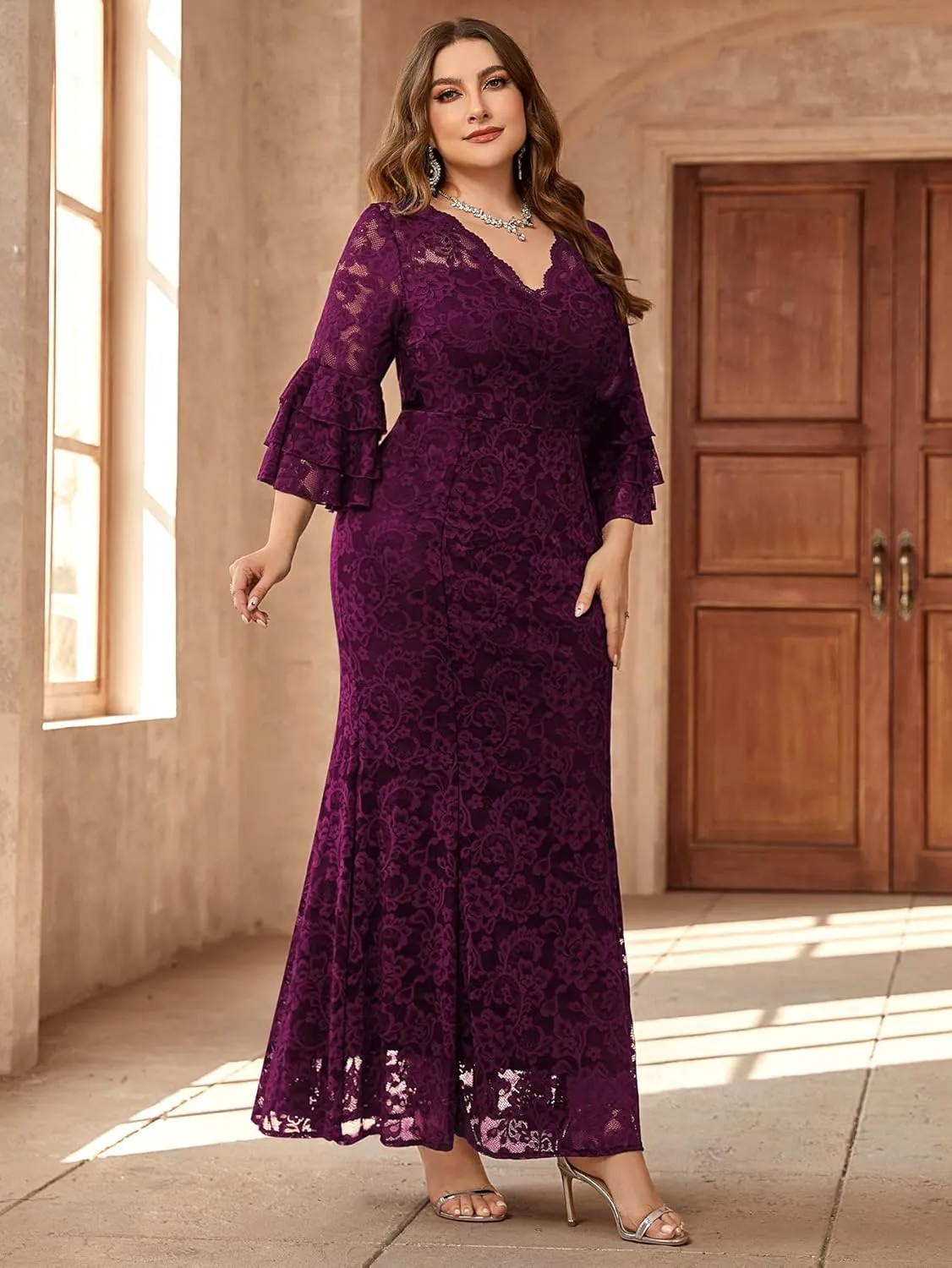 Miusol Women's Plus Size Floral Lace Ruffle Bell Sleeve V Neck Mermaid Hem Formal Maxi Dress