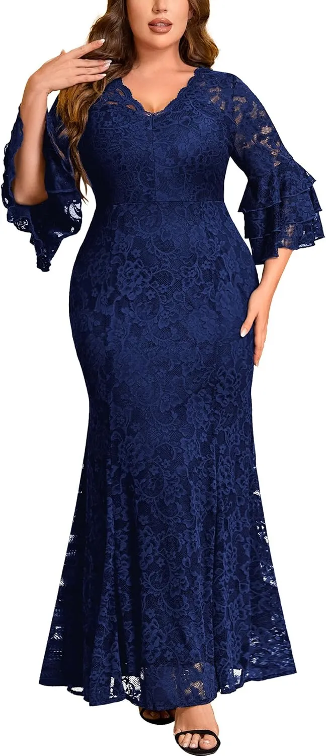 Miusol Women's Plus Size Floral Lace Ruffle Bell Sleeve V Neck Mermaid Hem Formal Maxi Dress