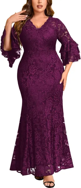 Miusol Women's Plus Size Floral Lace Ruffle Bell Sleeve V Neck Mermaid Hem Formal Maxi Dress
