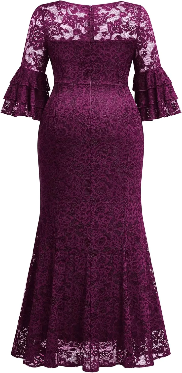 Miusol Women's Plus Size Floral Lace Ruffle Bell Sleeve V Neck Mermaid Hem Formal Maxi Dress