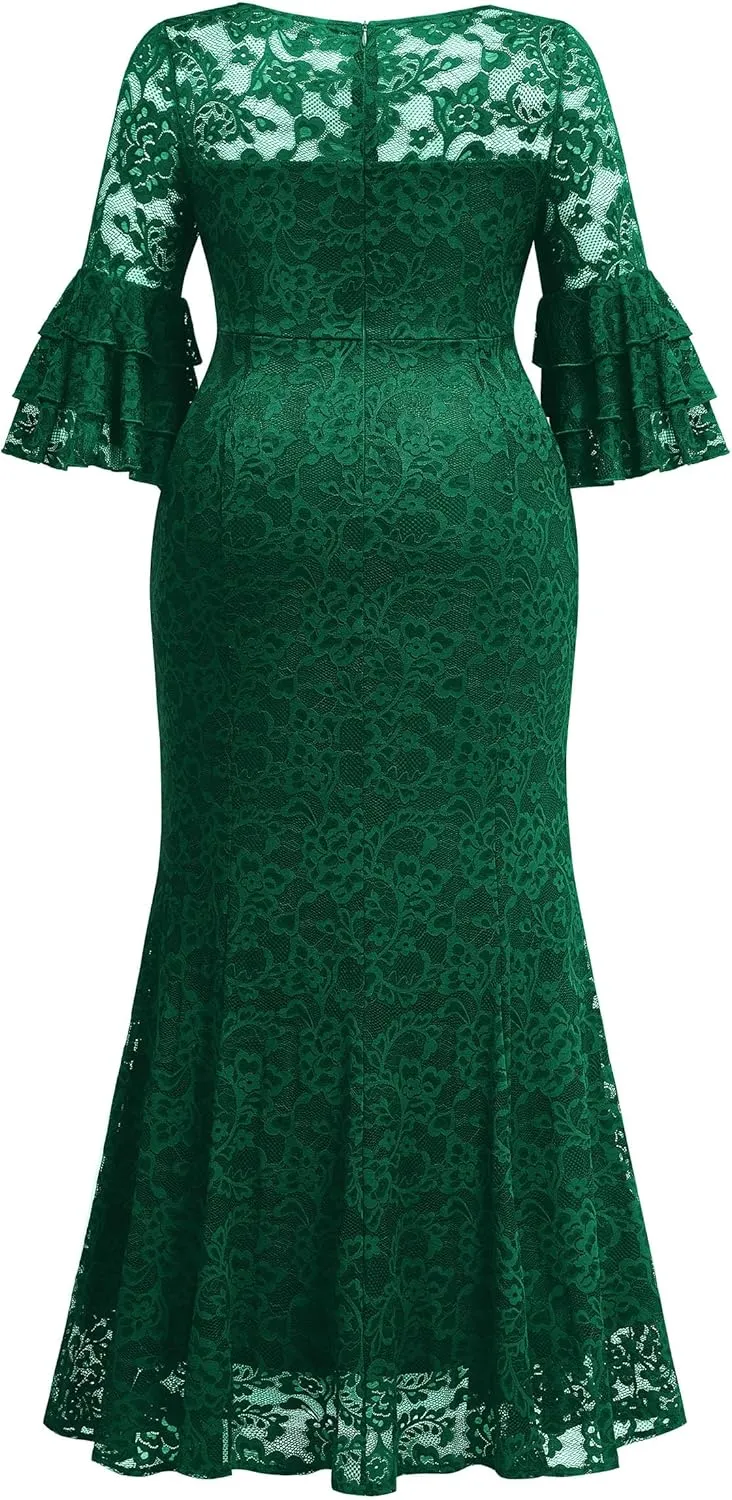 Miusol Women's Plus Size Floral Lace Ruffle Bell Sleeve V Neck Mermaid Hem Formal Maxi Dress
