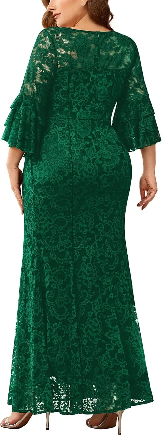 Miusol Women's Plus Size Floral Lace Ruffle Bell Sleeve V Neck Mermaid Hem Formal Maxi Dress