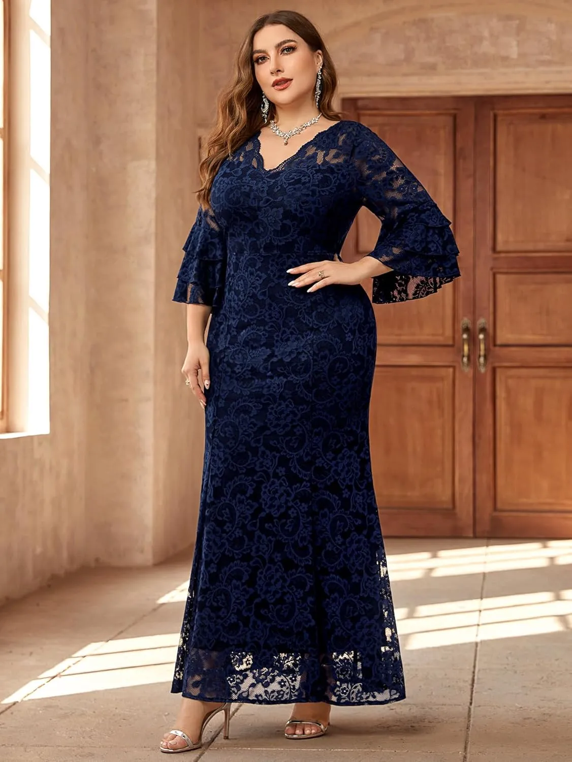Miusol Women's Plus Size Floral Lace Ruffle Bell Sleeve V Neck Mermaid Hem Formal Maxi Dress