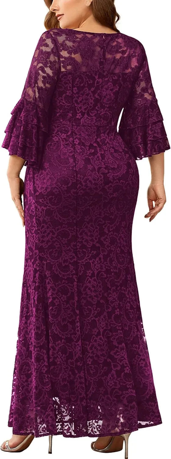 Miusol Women's Plus Size Floral Lace Ruffle Bell Sleeve V Neck Mermaid Hem Formal Maxi Dress