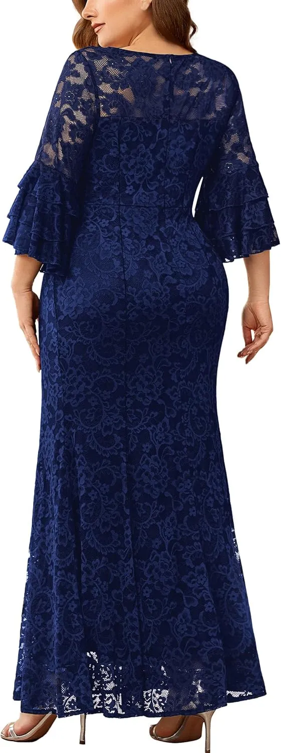 Miusol Women's Plus Size Floral Lace Ruffle Bell Sleeve V Neck Mermaid Hem Formal Maxi Dress