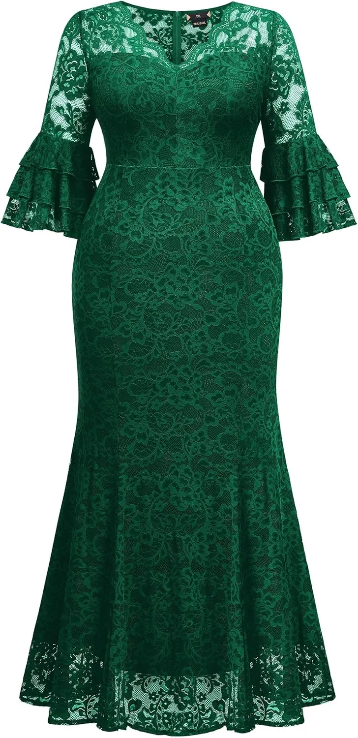 Miusol Women's Plus Size Floral Lace Ruffle Bell Sleeve V Neck Mermaid Hem Formal Maxi Dress