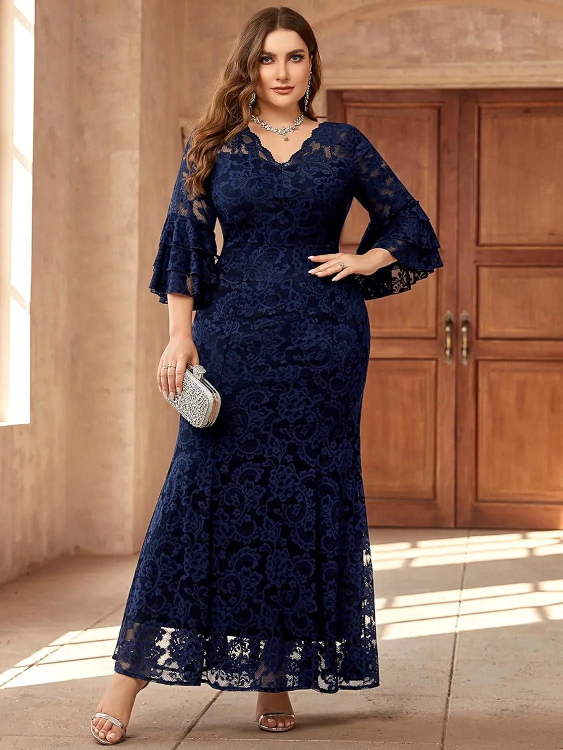 Miusol Women's Plus Size Floral Lace Ruffle Bell Sleeve V Neck Mermaid Hem Formal Maxi Dress