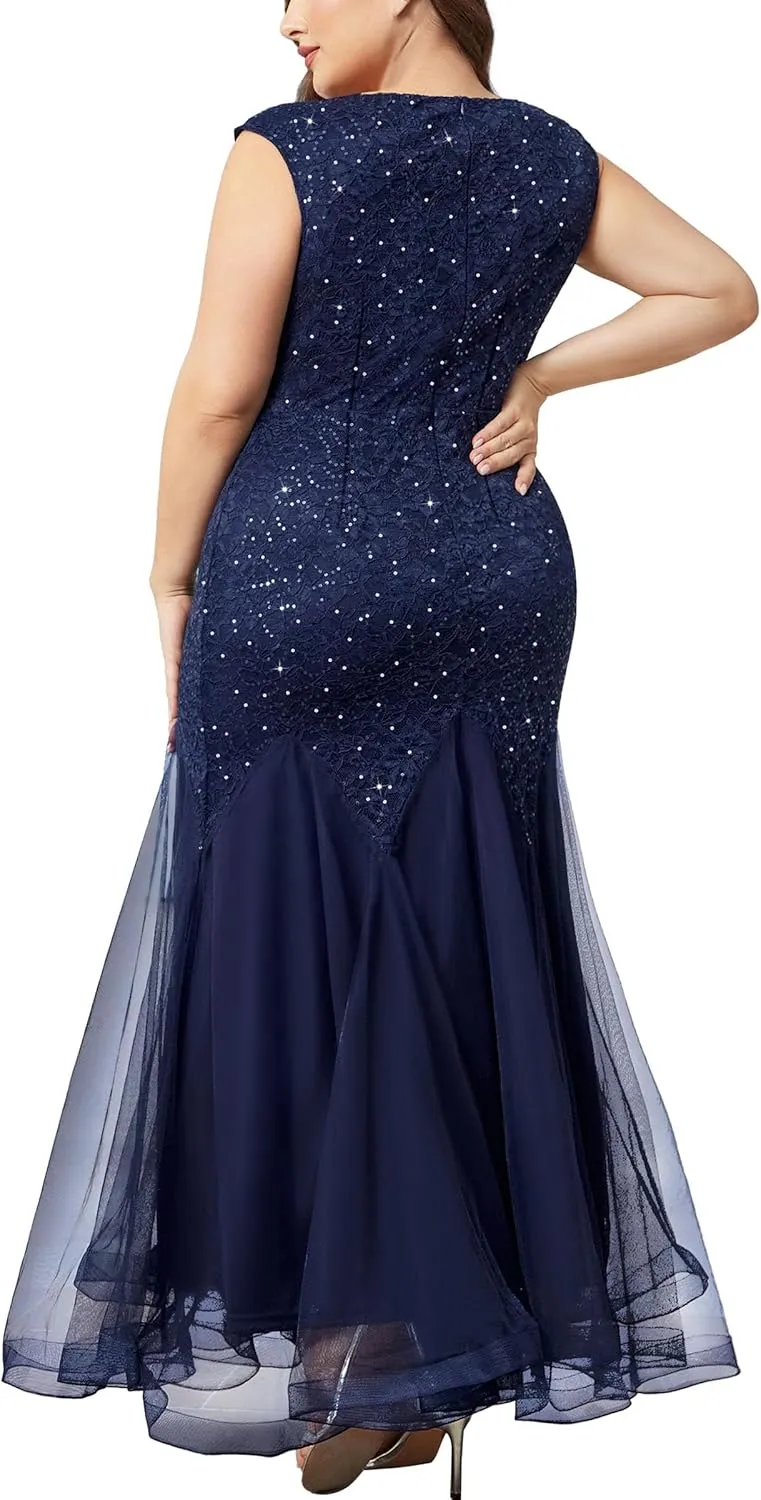 Miusol Women's Plus Size Sequins Lace Tulle Mermaid Hem V-Neck Sleeveless Formal Evening Party Maxi Dress