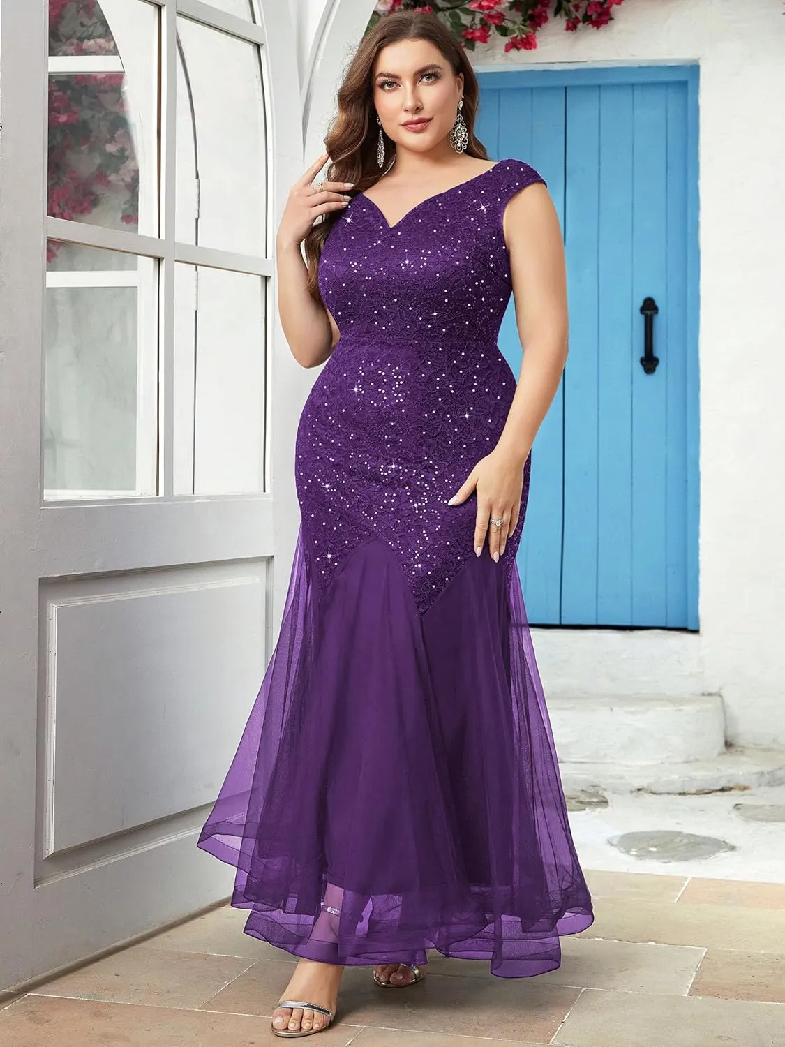 Miusol Women's Plus Size Sequins Lace Tulle Mermaid Hem V-Neck Sleeveless Formal Evening Party Maxi Dress
