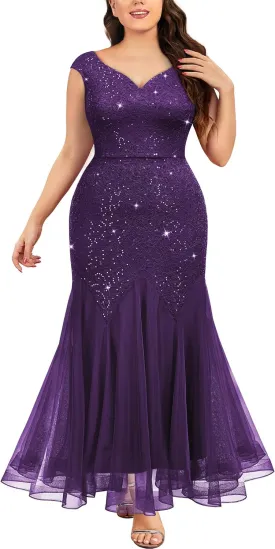 Miusol Women's Plus Size Sequins Lace Tulle Mermaid Hem V-Neck Sleeveless Formal Evening Party Maxi Dress