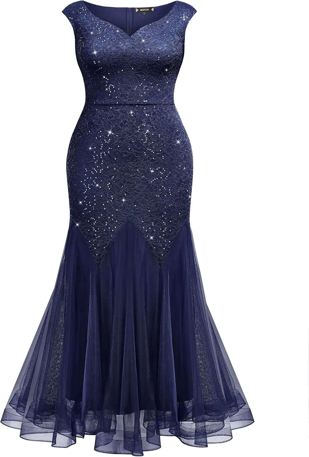 Miusol Women's Plus Size Sequins Lace Tulle Mermaid Hem V-Neck Sleeveless Formal Evening Party Maxi Dress