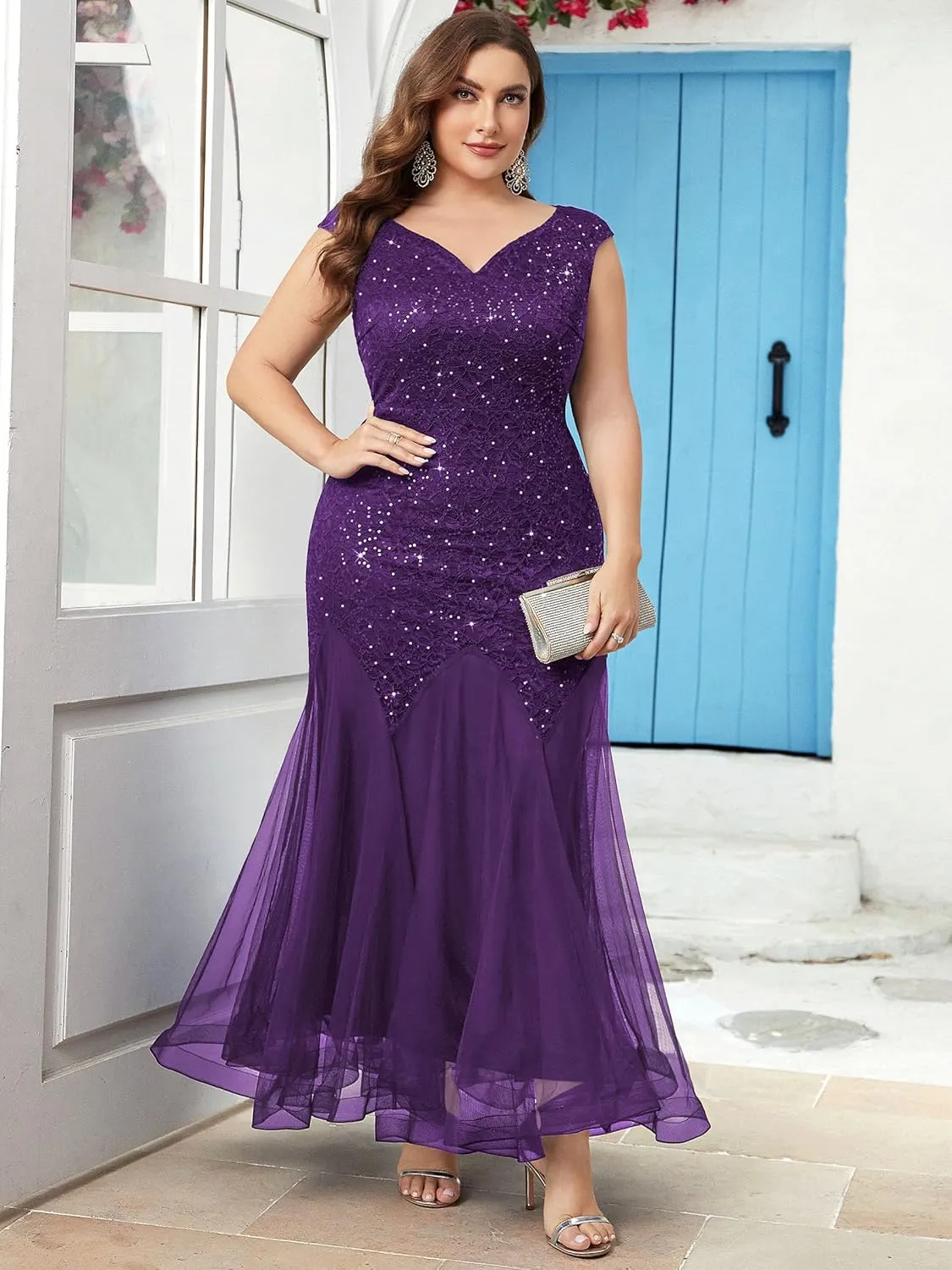 Miusol Women's Plus Size Sequins Lace Tulle Mermaid Hem V-Neck Sleeveless Formal Evening Party Maxi Dress
