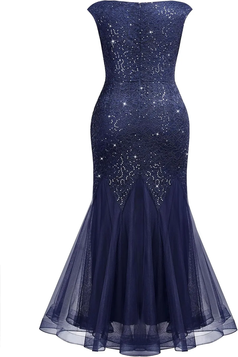 Miusol Women's Plus Size Sequins Lace Tulle Mermaid Hem V-Neck Sleeveless Formal Evening Party Maxi Dress