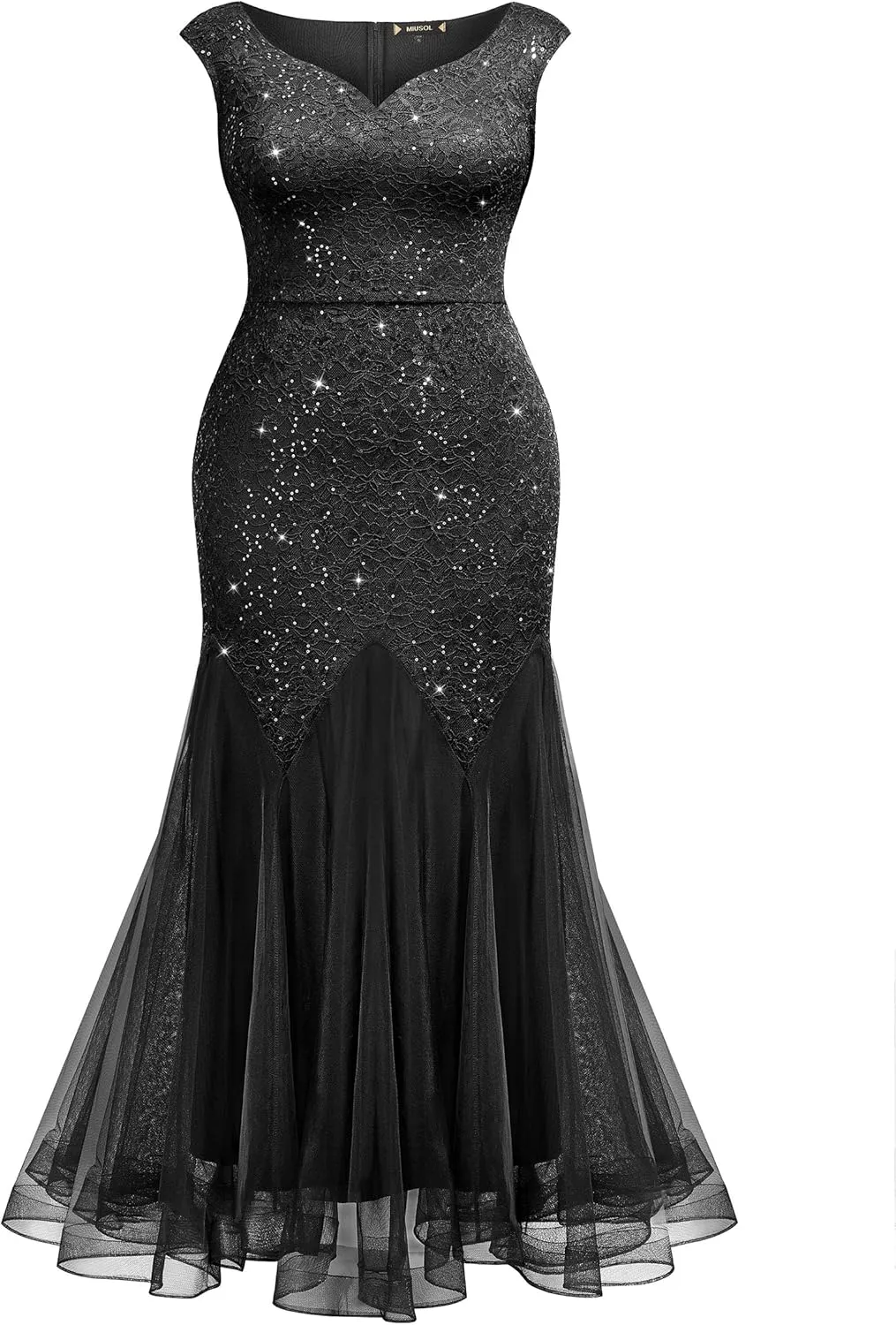 Miusol Women's Plus Size Sequins Lace Tulle Mermaid Hem V-Neck Sleeveless Formal Evening Party Maxi Dress