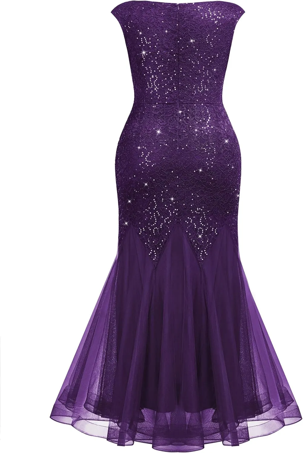 Miusol Women's Plus Size Sequins Lace Tulle Mermaid Hem V-Neck Sleeveless Formal Evening Party Maxi Dress