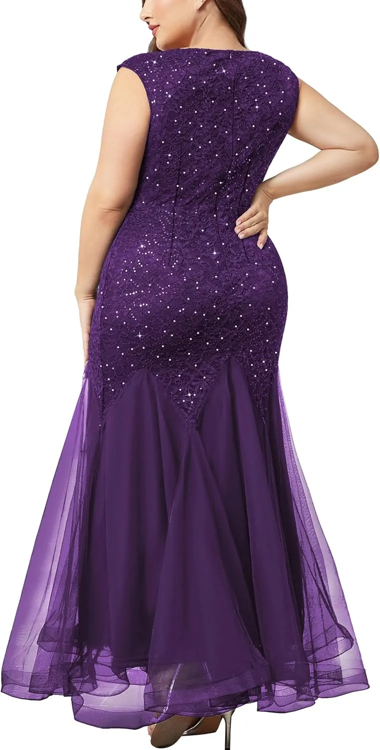 Miusol Women's Plus Size Sequins Lace Tulle Mermaid Hem V-Neck Sleeveless Formal Evening Party Maxi Dress