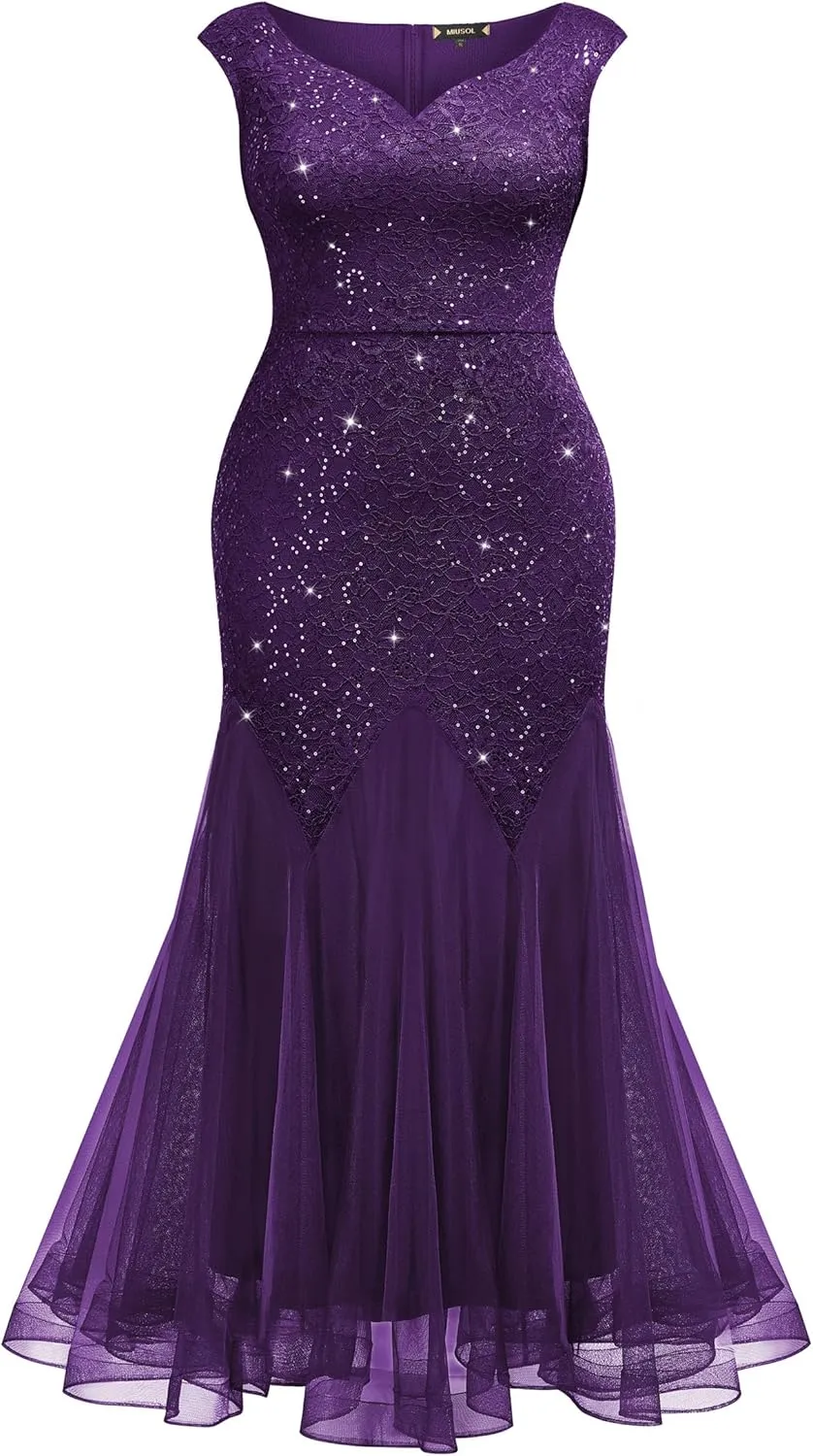 Miusol Women's Plus Size Sequins Lace Tulle Mermaid Hem V-Neck Sleeveless Formal Evening Party Maxi Dress
