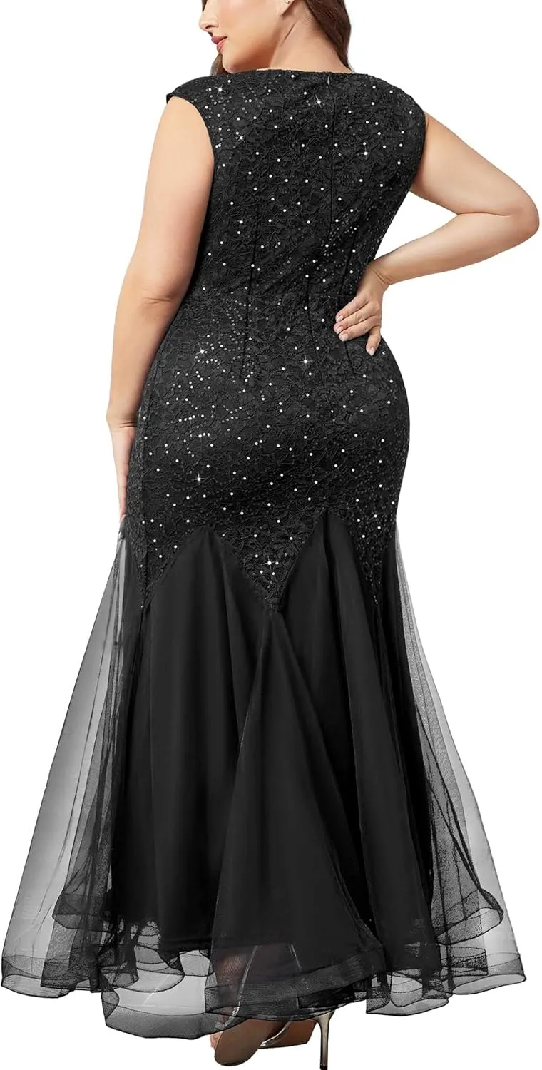Miusol Women's Plus Size Sequins Lace Tulle Mermaid Hem V-Neck Sleeveless Formal Evening Party Maxi Dress
