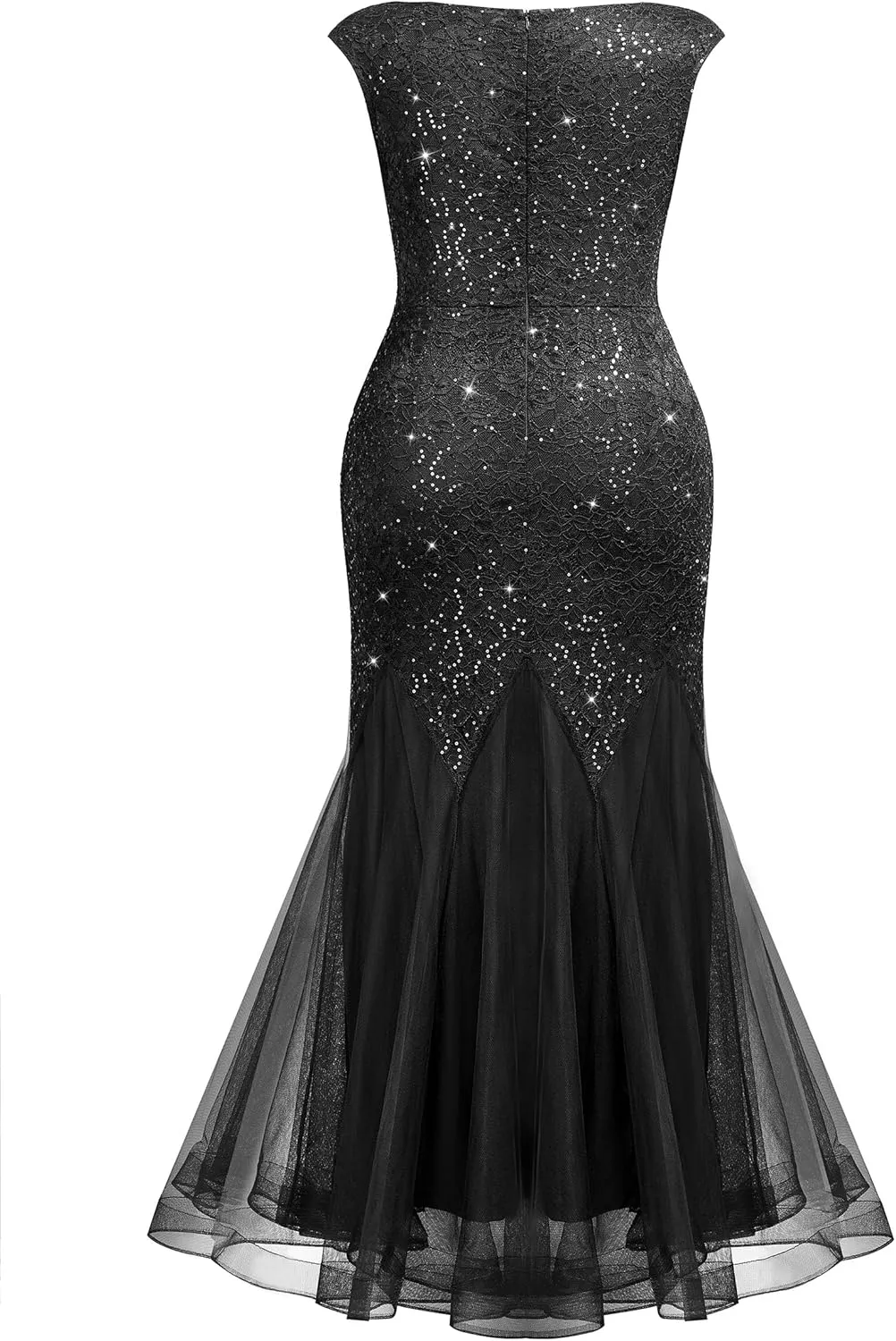 Miusol Women's Plus Size Sequins Lace Tulle Mermaid Hem V-Neck Sleeveless Formal Evening Party Maxi Dress