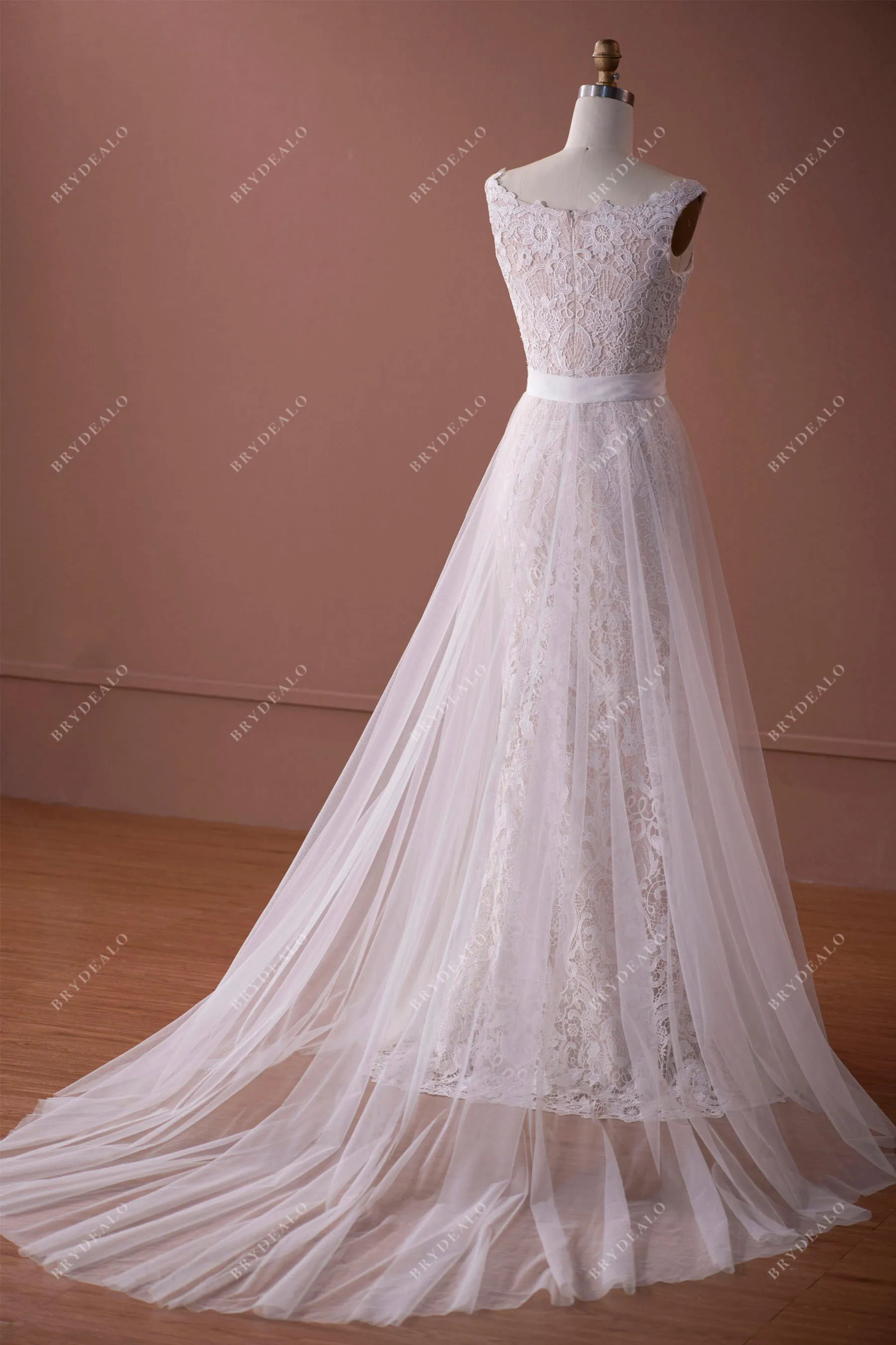 Mordern Lace Mermaid Pink Wedding Dress with Detachable Overskirt