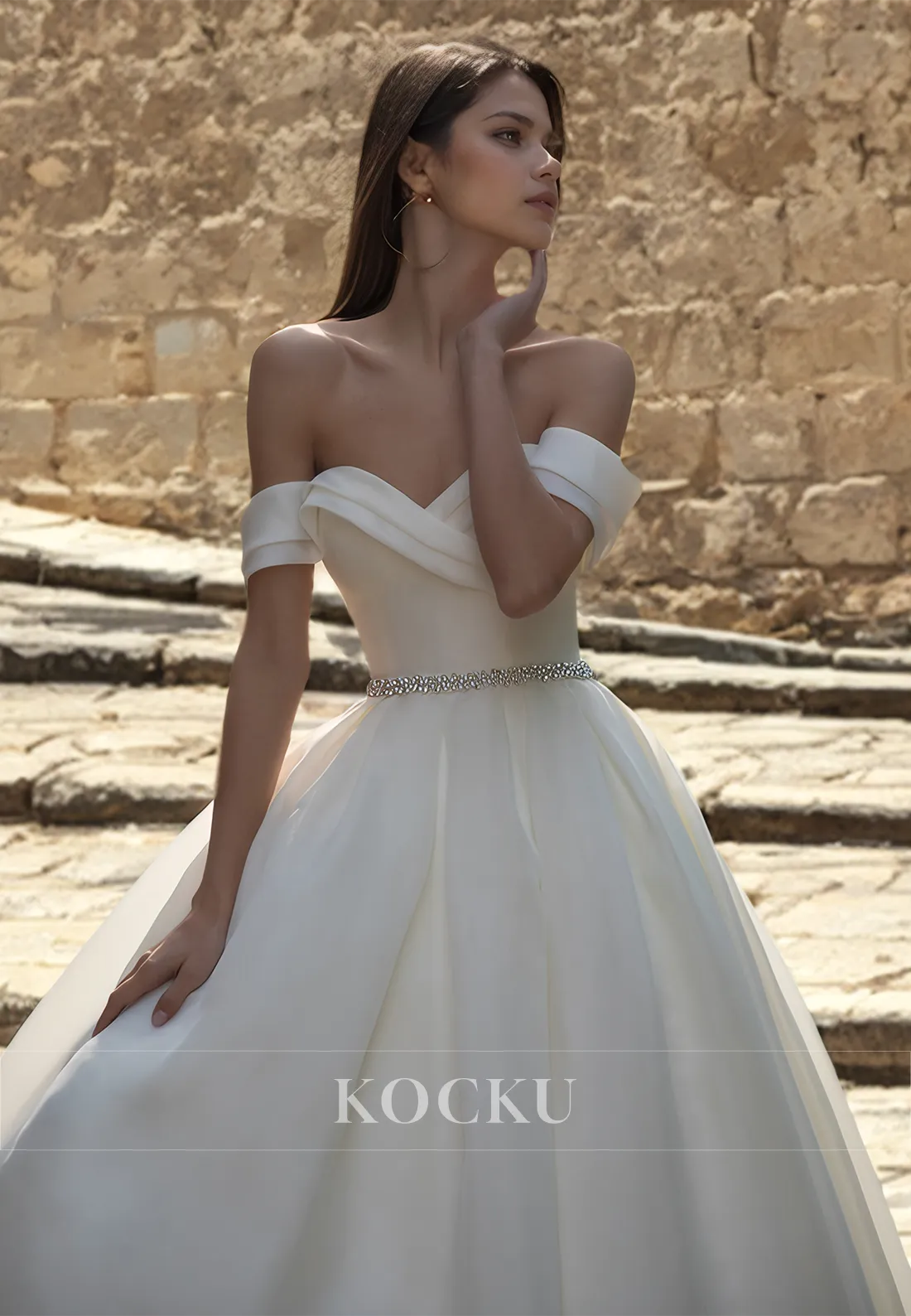 Off-Shoulder A-Line Sleeveless Brush Train Pleats Satin Wedding Dress Bridal Dress with Beads