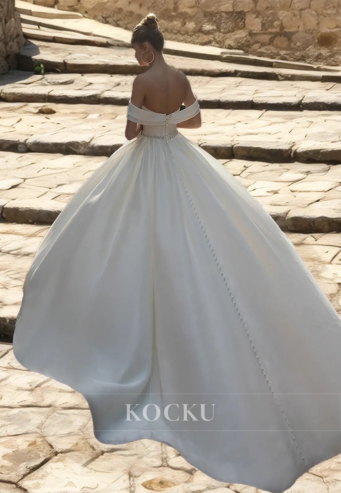 Off-Shoulder A-Line Sleeveless Brush Train Pleats Satin Wedding Dress Bridal Dress with Beads