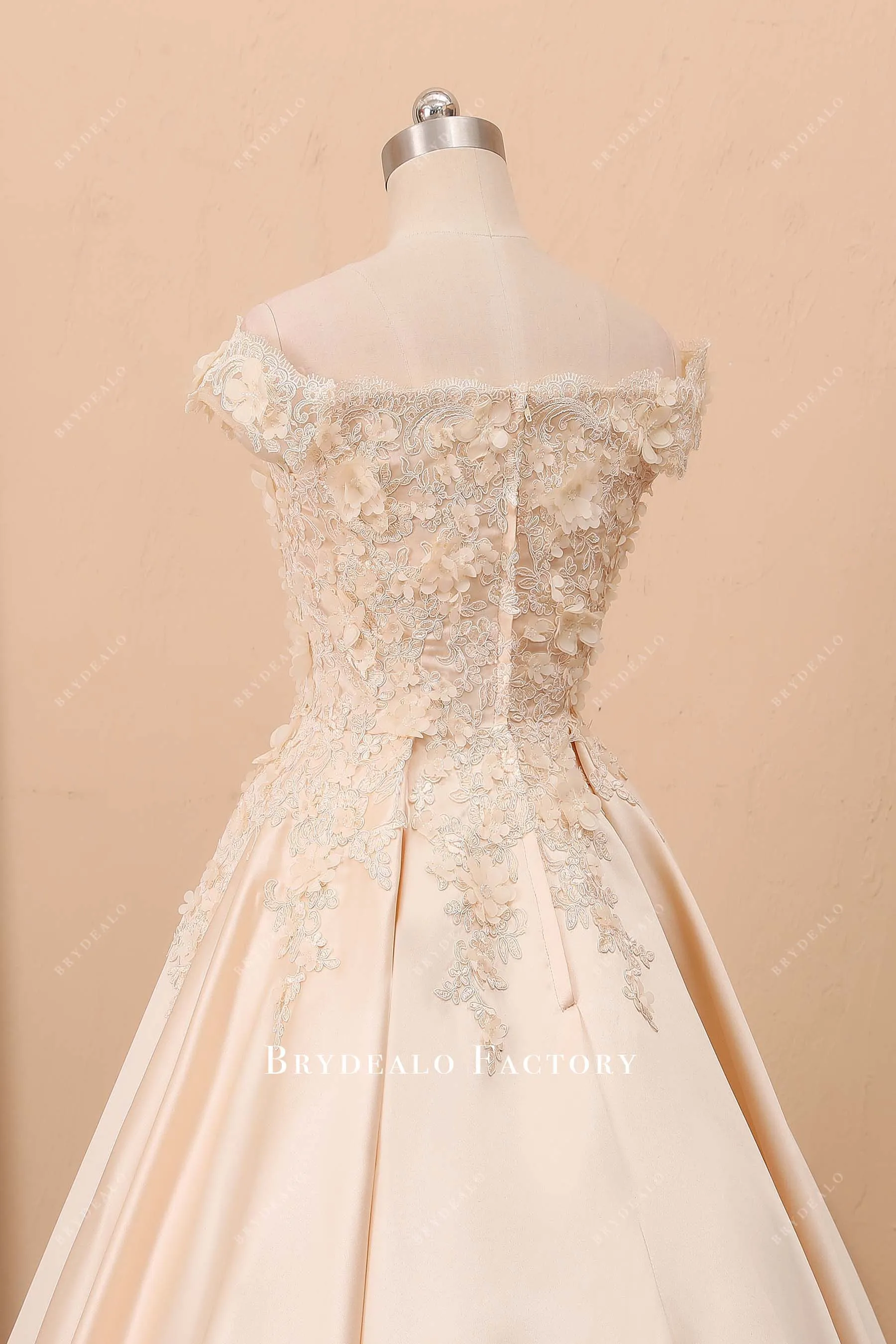 Off-shoulder Champagne 3D Lace Princess Wedding Ball Gown