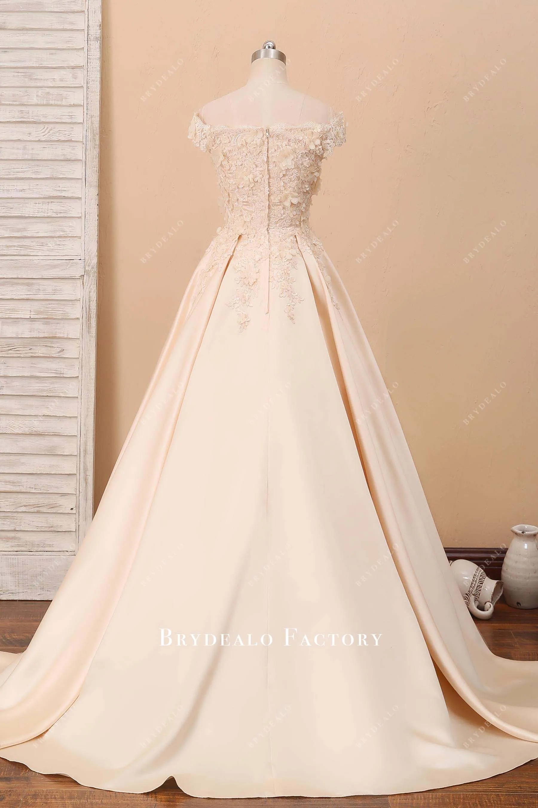 Off-shoulder Champagne 3D Lace Princess Wedding Ball Gown
