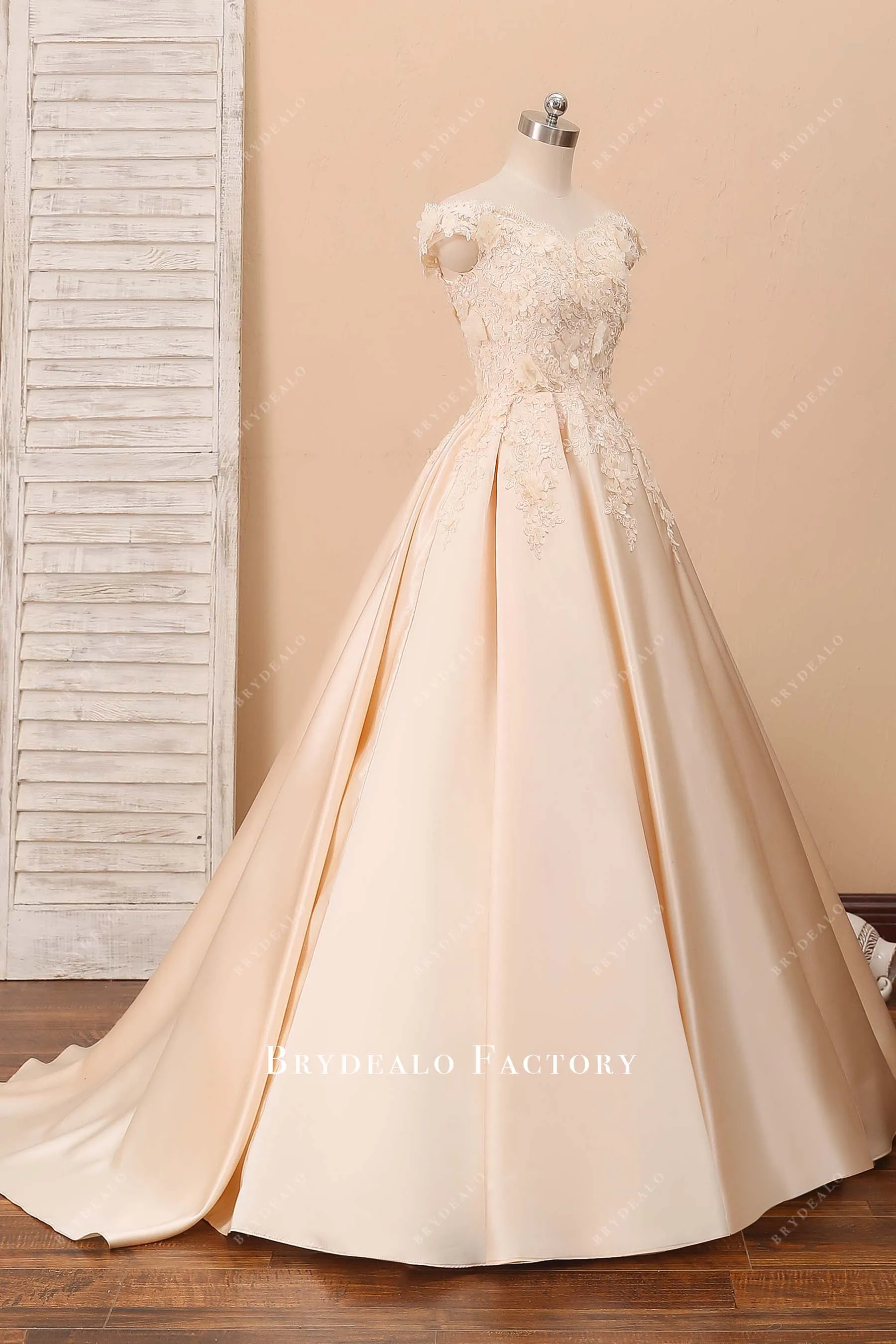 Off-shoulder Champagne 3D Lace Princess Wedding Ball Gown