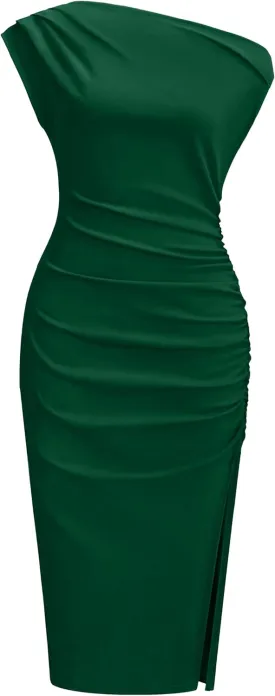OWIN Women's Sexy Elegant Off Shoulder Sleeveless Side Slit Ruched Bodycon Wedding Guest Cocktail Party Midi Dress